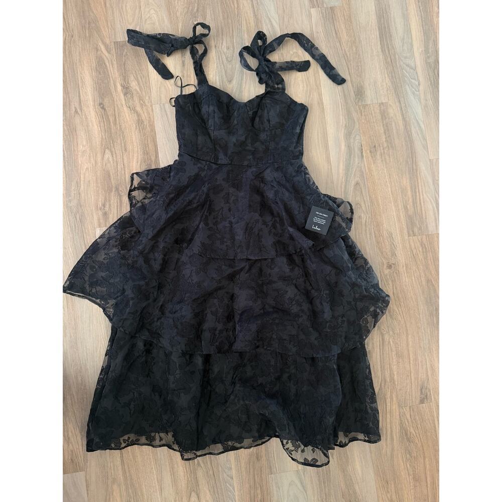 Lulus Glamorous Sweetie Black Burnout Tie-Strap Bustier Midi Dress - Read Info - Picture 4 of 6